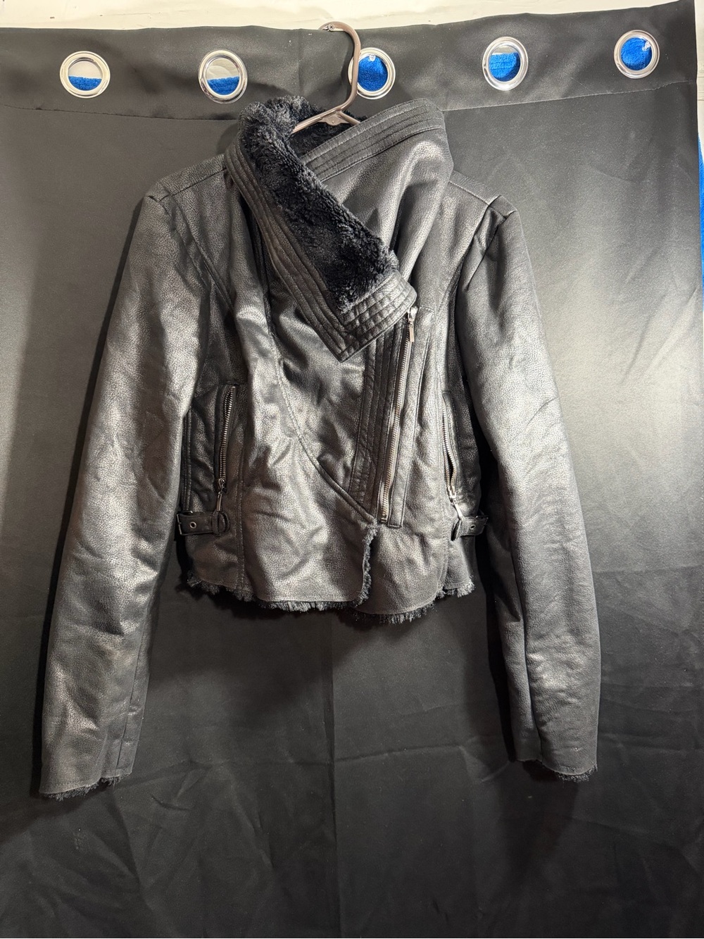 Jennifer Lopez Black Faux Leather Moto Jacket with Faux Fur Trim